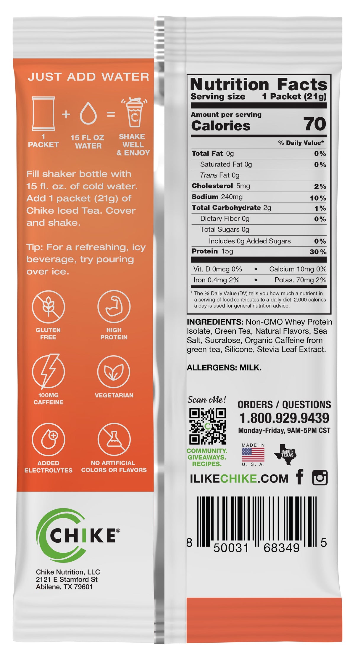 Chike Peach Fusion protein iced tea packet back with directions and Nutrition Facts