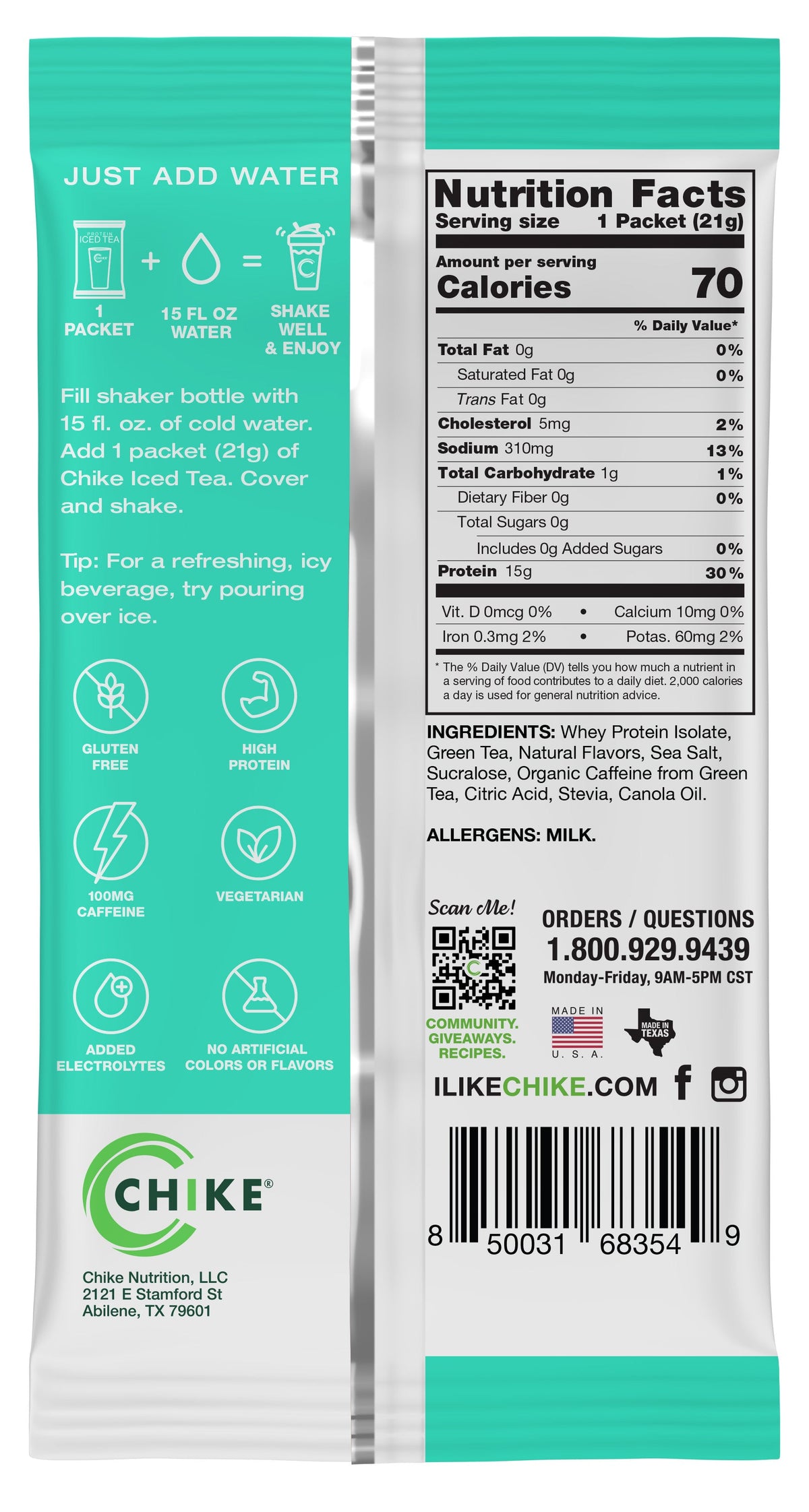 Chike Pineapple Margarita protein iced tea packet back with directions and Nutrition Facts