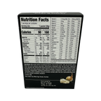 A nutrition facts label on a black background displays detailed information about a food product, including serving size, calories, and various vitamins and minerals per serving.
