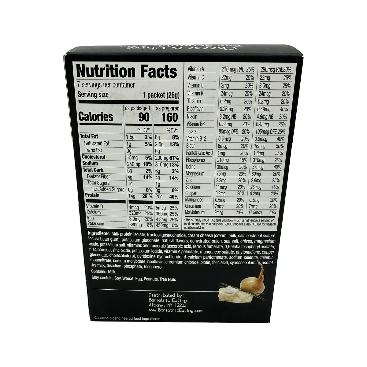 A nutrition facts label on a black background displays detailed information about a food product, including serving size, calories, and various vitamins and minerals per serving.