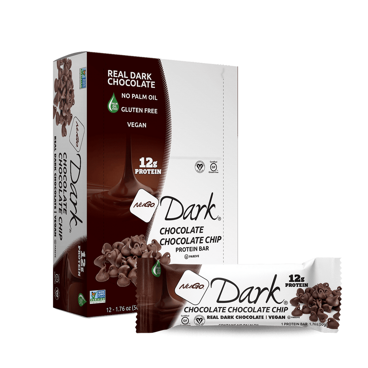 Front package of NuGo Dark Bars, 12 Bars, Chocolate Chocolate Chip