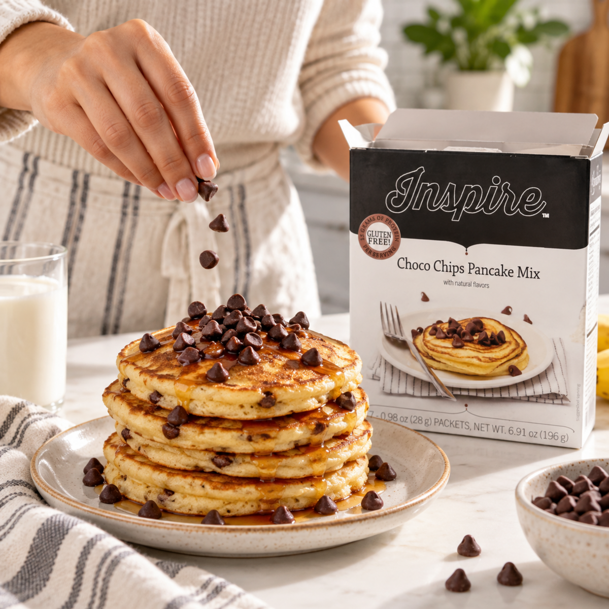 #Flavor_Chocolate Chip | Chocolate Chip pancake mix box with prepared pancakes and chocolate chips