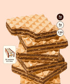 A stack of crispy wafers filled with chocolate cream is displayed against a soft pink background, with nutrition information highlighting 2g sugar, 4g fiber, and 130 calories per serving.