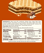 A chocolate and hazelnut wafer is shown, with a detailed nutrition label listing ingredients, serving size, and nutritional information on an orange background.