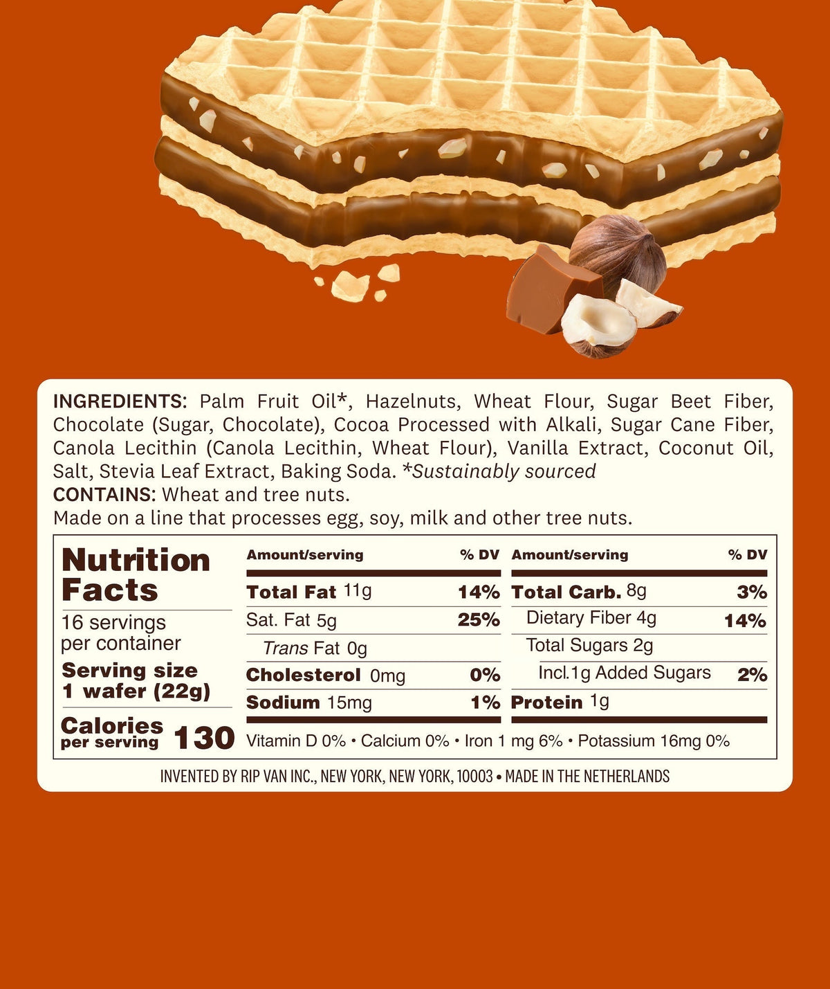 A chocolate and hazelnut wafer is shown, with a detailed nutrition label listing ingredients, serving size, and nutritional information on an orange background.