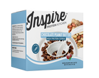 A box of Inspire Protein Kitchen Chocolate Peanut Butter high protein cereal features a bowl filled with cereal and a spoon, showcasing ingredients like peanuts and chocolate on the side.