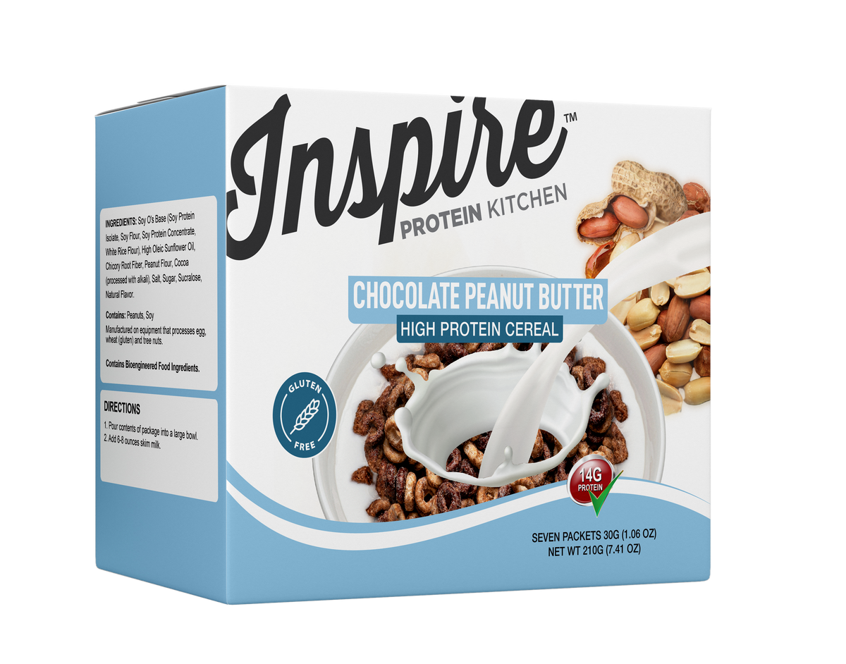 A box of Inspire Protein Kitchen Chocolate Peanut Butter high protein cereal features a bowl filled with cereal and a spoon, showcasing ingredients like peanuts and chocolate on the side.