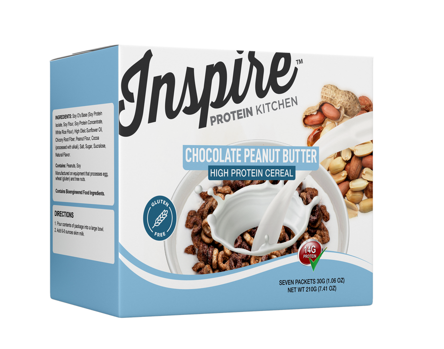 A box of Inspire Protein Kitchen Chocolate Peanut Butter high protein cereal features a bowl filled with cereal and a spoon, showcasing ingredients like peanuts and chocolate on the side.