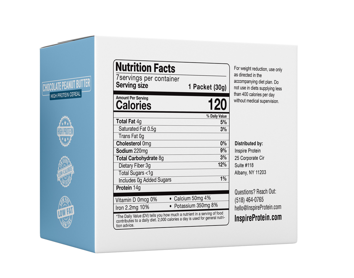 A box of chocolate peanut butter high protein cereal displays nutrition facts, including calories, serving size, and key nutrients, set against a light blue background.