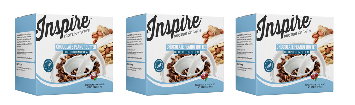 Three boxes of Inspire Protein Kitchen Chocolate Peanut Butter high-protein cereal are displayed, featuring a bowl of cereal with a spoon and scattered peanuts, emphasizing its gluten-free and protein-rich qualities.