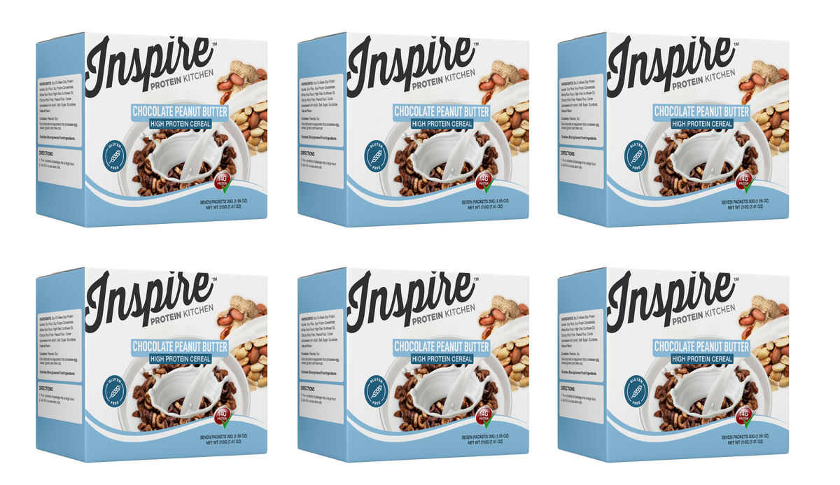 Six boxes of Inspire Protein Kitchen Chocolate Peanut Butter high protein cereal are displayed, featuring a bowl of cereal with milk and peanuts, emphasizing its gluten-free and high-protein qualities.
