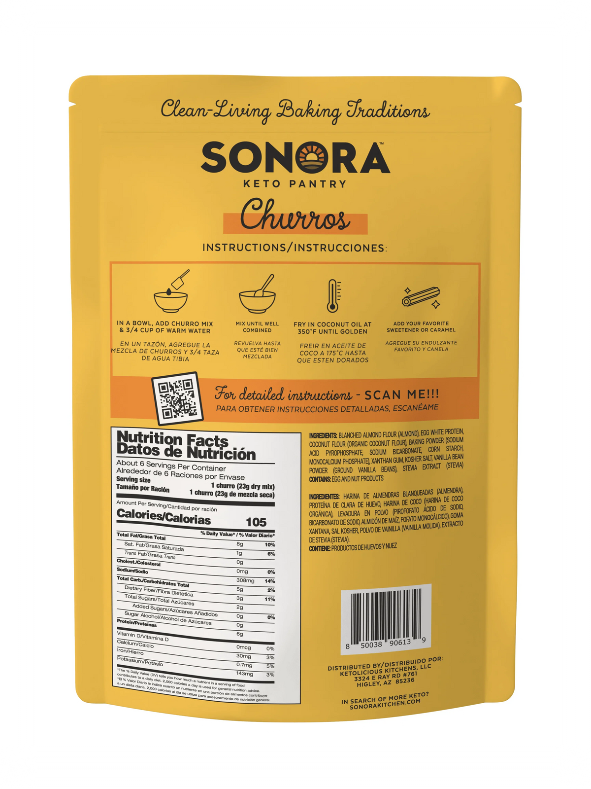 A yellow packaging for Sonora Keto Pantry Churros mix displays preparation instructions, nutritional information, and a QR code for detailed guidance, emphasizing clean living baking traditions.