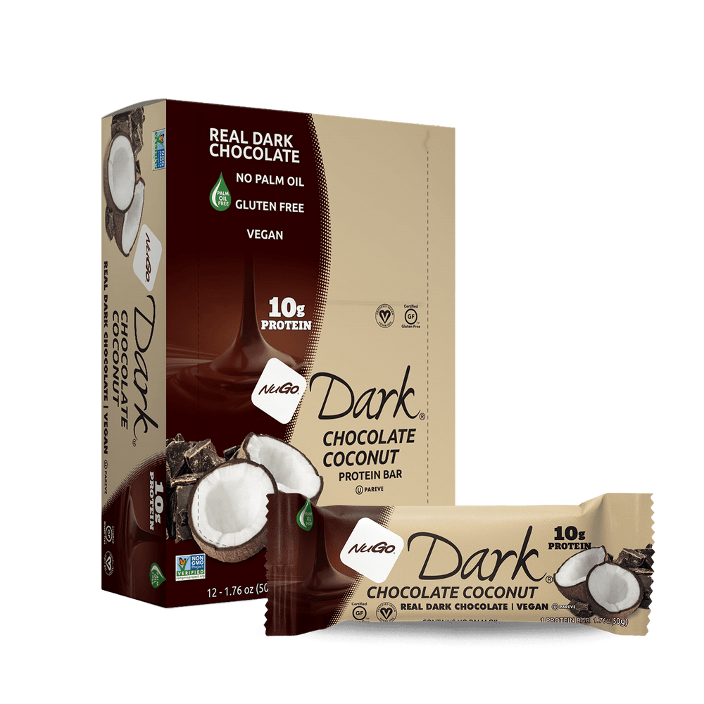 Front package of NuGo Dark Bars, 12 Bars, Chocolate Coconut