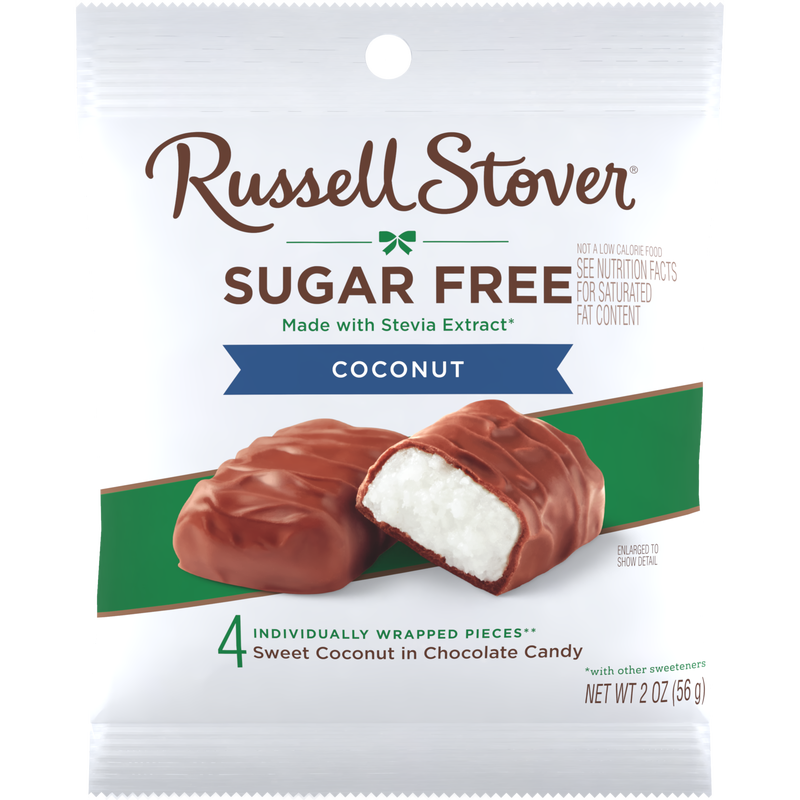 Front package of Russell Stover Sugar Free Peg Bag Candy, Chocolate Covered Coconut (2.0 oz) (CLEARANCE: Best by August 01, 2026) / One Bag
