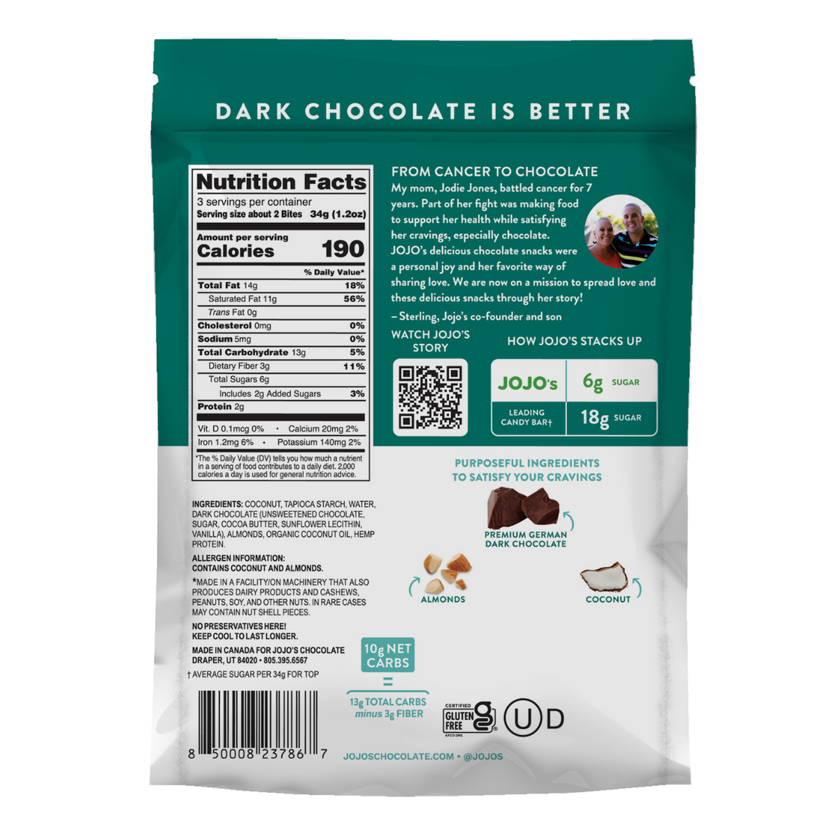 JoJo's Dark Chocolate Bites + Plant Based Protein, 3.6 oz - Coconut Filled
