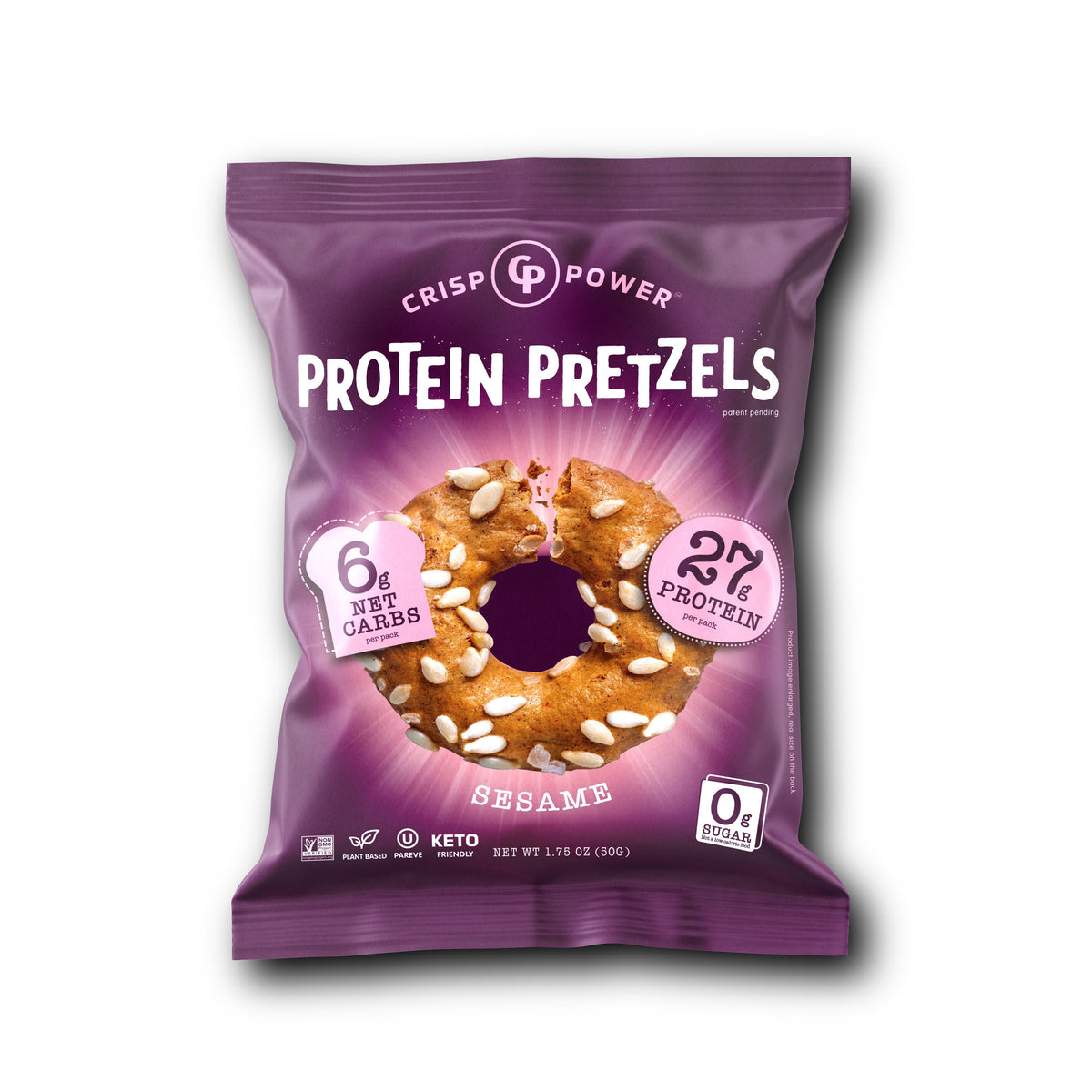 Front package of Protein Pretzels by Crisp Power, Sesame (CLEARANCE: Best by June 30, 2026) / One Bag