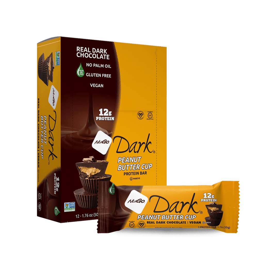 Front package of NuGo Dark Bars, 12 Bars, Peanut Butter Cup