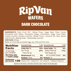 A product label for Rip Van Dark Chocolate Wafers lists ingredients, nutrition facts, and allergen information, highlighting its sustainable sourcing and serving size details.