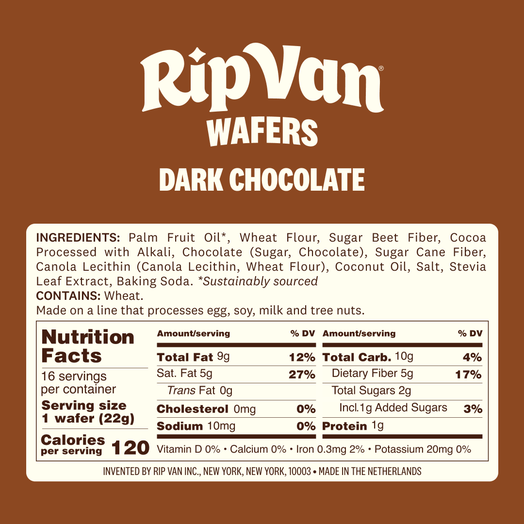 A product label for Rip Van Dark Chocolate Wafers lists ingredients, nutrition facts, and allergen information, highlighting its sustainable sourcing and serving size details.