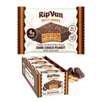 A box of RipVan Nutty Crunch Dark Choco Peanut fudge-enrobed wafer snacks is displayed, featuring one open package showing layers of wafers, with chocolate pieces and peanuts beside it.