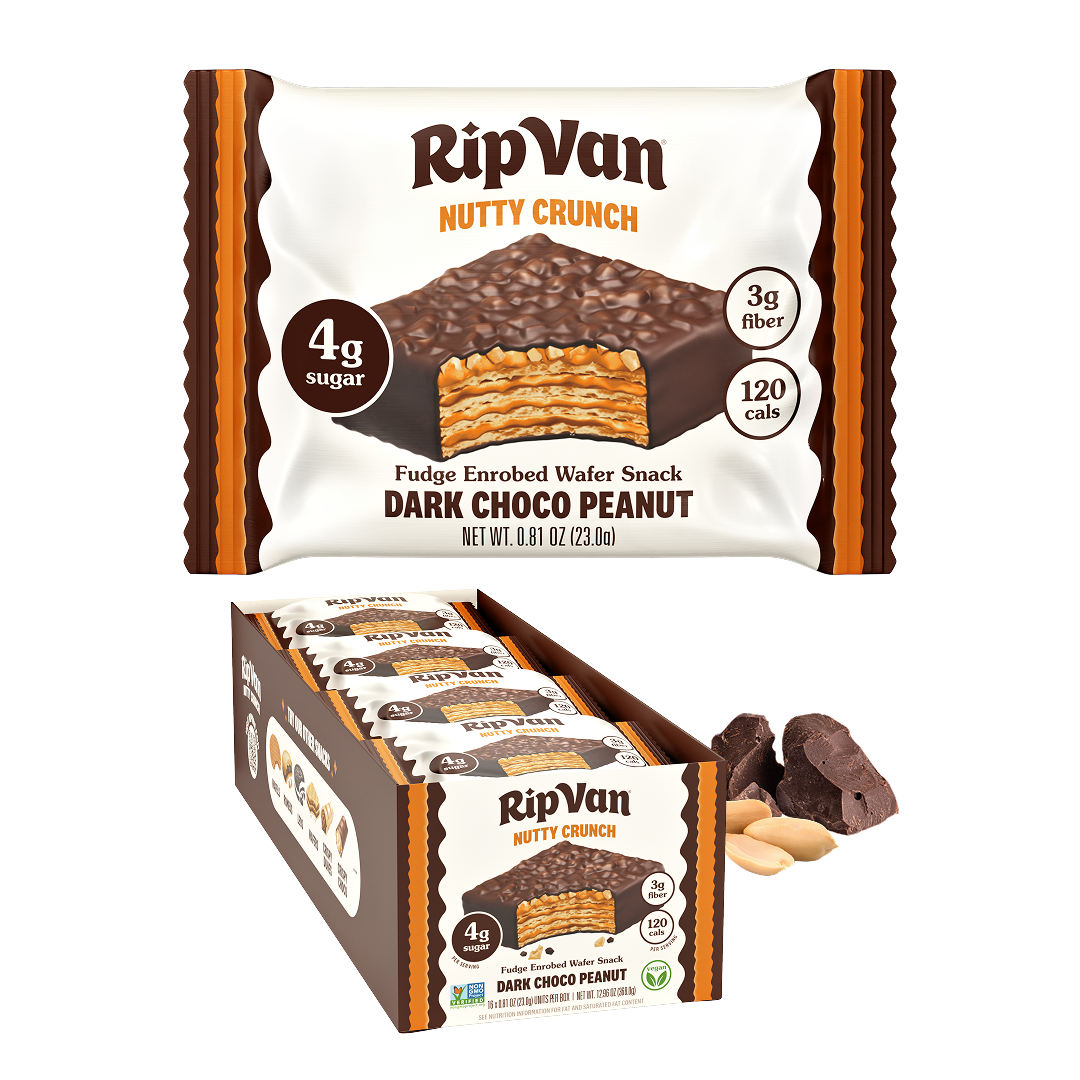 A box of RipVan Nutty Crunch Dark Choco Peanut fudge-enrobed wafer snacks is displayed, featuring one open package showing layers of wafers, with chocolate pieces and peanuts beside it.
