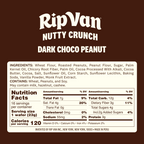 A dark brown package features the title "RipVan Nutty Crunch Dark Choco Peanut," with a detailed ingredient list and nutrition facts highlighting serving size, calories, and key nutrients.