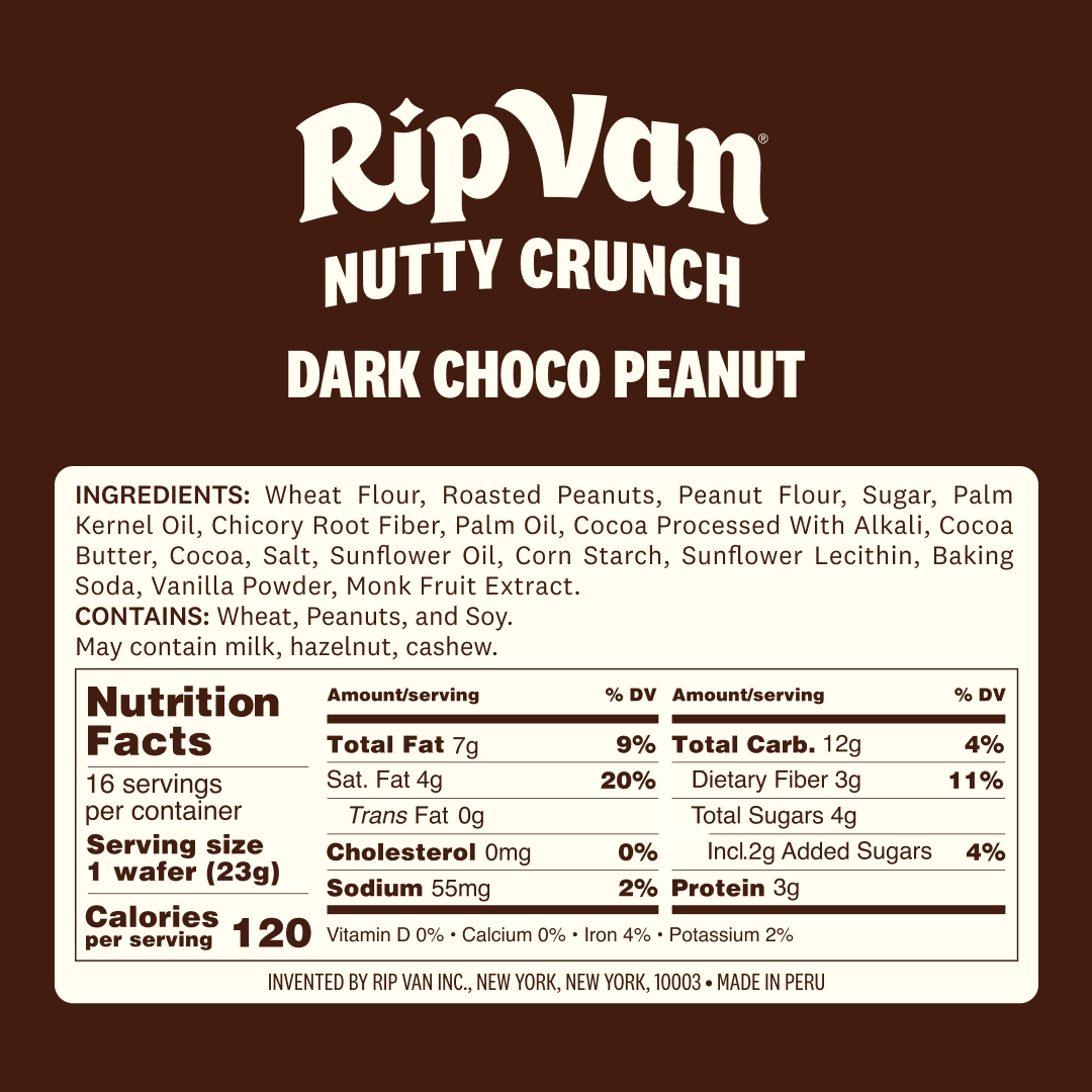 A dark brown package features the title "RipVan Nutty Crunch Dark Choco Peanut," with a detailed ingredient list and nutrition facts highlighting serving size, calories, and key nutrients.