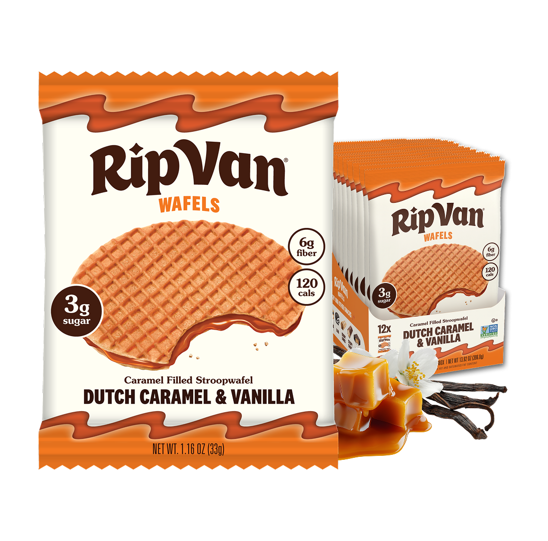 RipVan Wafels package features a caramel-filled stroopwafel with a bite taken out, alongside a display box containing multiple packs, highlighting flavors of Dutch caramel and vanilla.