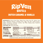 A bright orange package labeled "Rip Van Wafels Dutch Caramel & Vanilla" displays ingredient details and nutrition facts for a snack product, emphasizing its sustainable sourcing.
