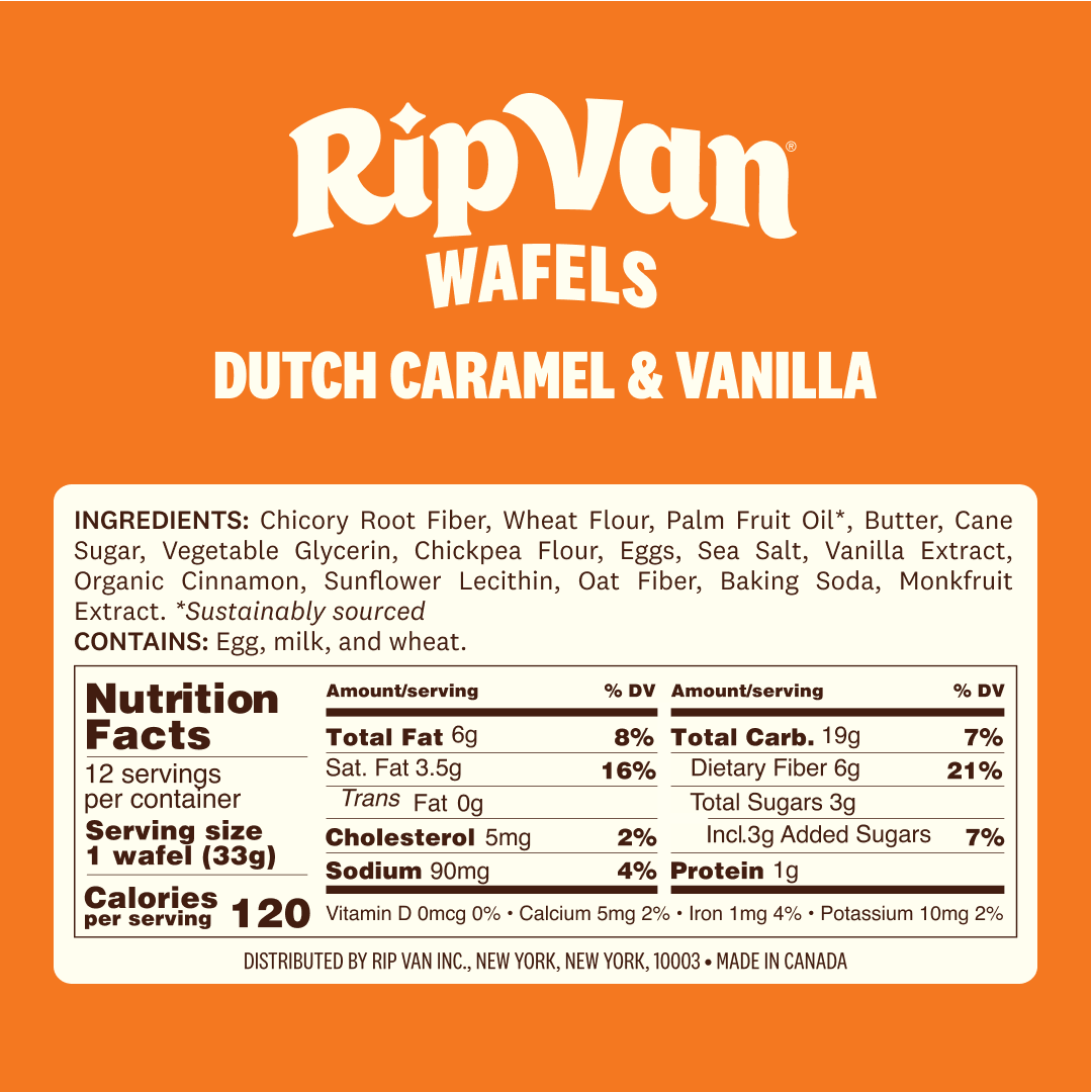 A bright orange package labeled "Rip Van Wafels Dutch Caramel & Vanilla" displays ingredient details and nutrition facts for a snack product, emphasizing its sustainable sourcing.