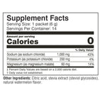 Nutritional label detailing supplement facts for a watermelon-flavored product, listing serving size, calories, sodium, potassium, and magnesium content, along with other ingredients.