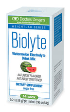 A box of Biolyte Watermelon Electrolyte Drink Mix features a watermelon graphic, highlights its sugar-free and naturally flavored attributes, and indicates it contains 14 packets.