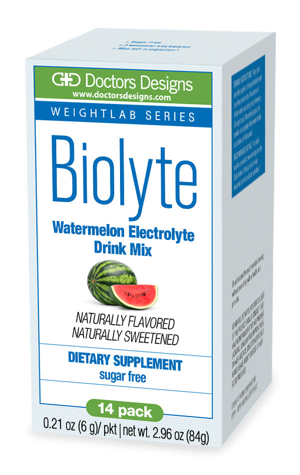 A box of Biolyte Watermelon Electrolyte Drink Mix features a watermelon graphic, highlights its sugar-free and naturally flavored attributes, and indicates it contains 14 packets.
