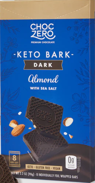 Front package of ChocZero Keto Bark 3.2oz, Dark Chocolate with Sea Salt and Almonds