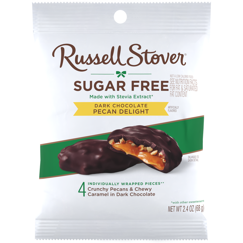 Front package of Russell Stover Sugar Free Peg Bag Candy, Dark Chocolate Pecan Delight (2.4 oz) / One Bag