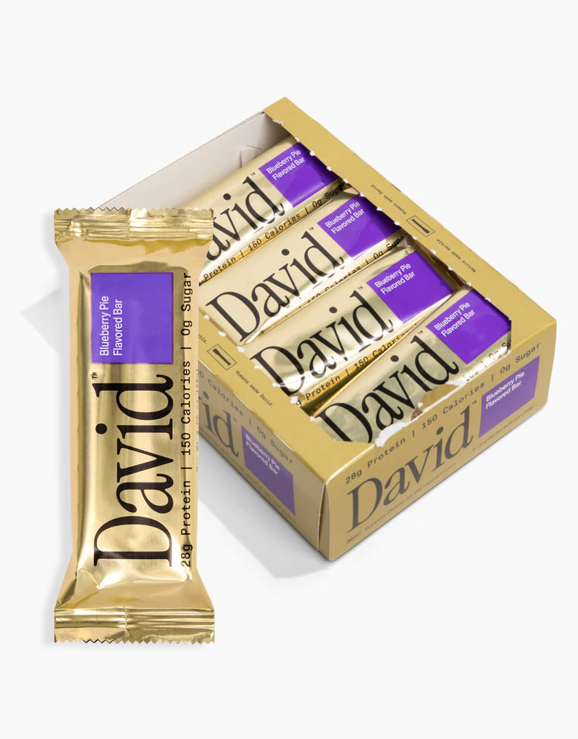 Front package of David Protein Bars, Blueberry Pie / One Bar