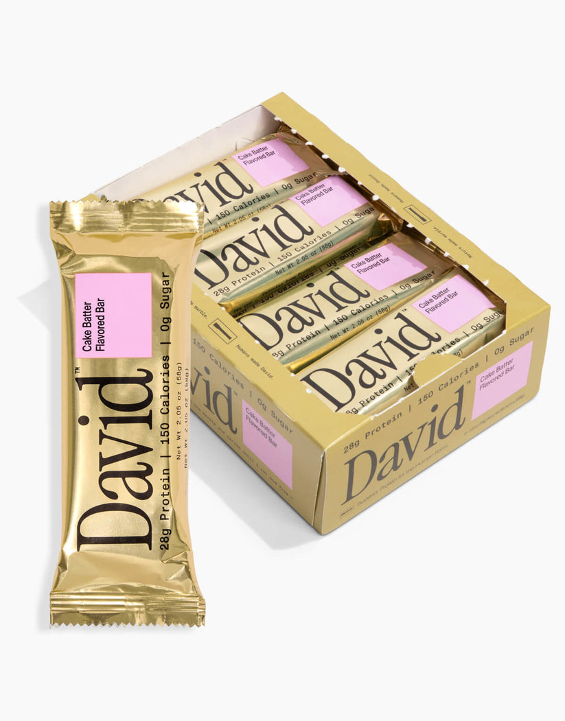Front package of David Protein Bars, Cake Batter / One Bar