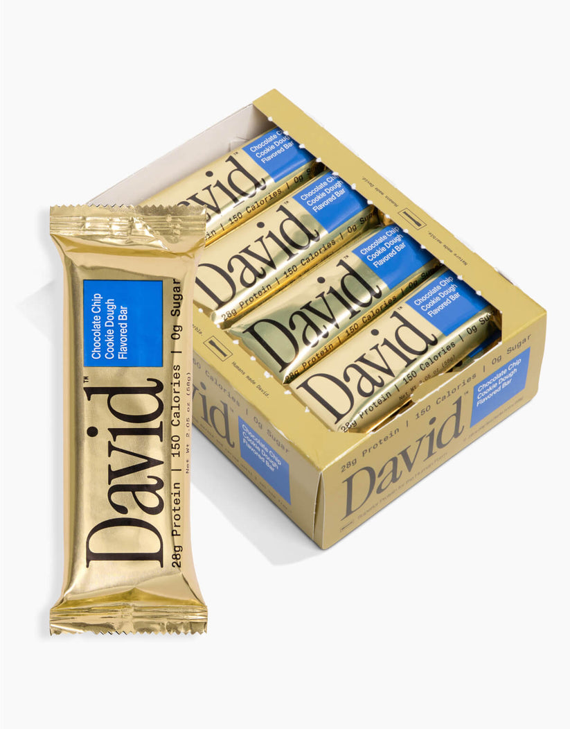 Front package of David Protein Bars, Chocolate Chip Cookie Dough / One Bar