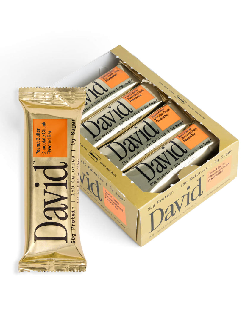 Front package of David Protein Bars, Peanut Butter Chocolate Chunk / One Bar