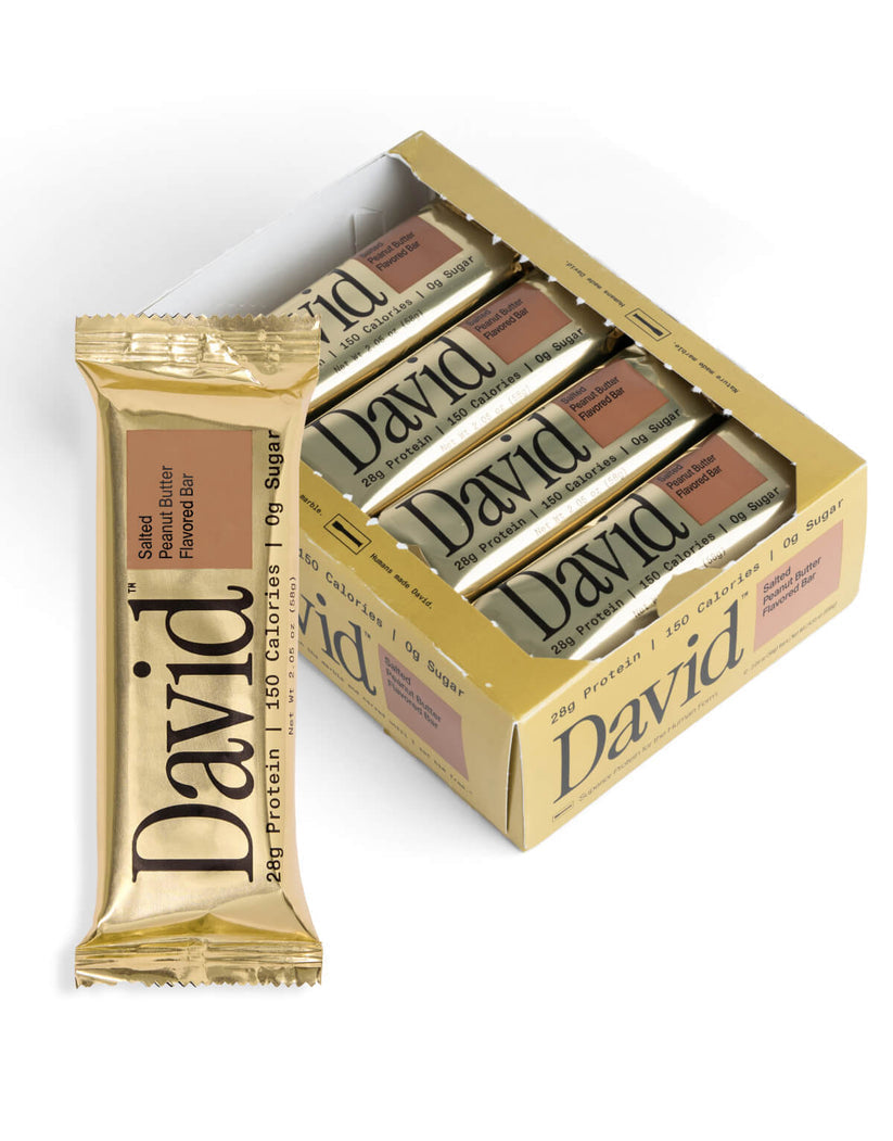 David Salted Peanut Butter Protein Bar package and carton