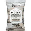 A bag of EPIC artisanal pork cracklings, featuring a design with a pig illustration and text highlighting maple bacon seasoning and low carb content, set against a simple, earthy background.