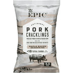 A bag of EPIC artisanal pork cracklings, featuring a design with a pig illustration and text highlighting maple bacon seasoning and low carb content, set against a simple, earthy background.