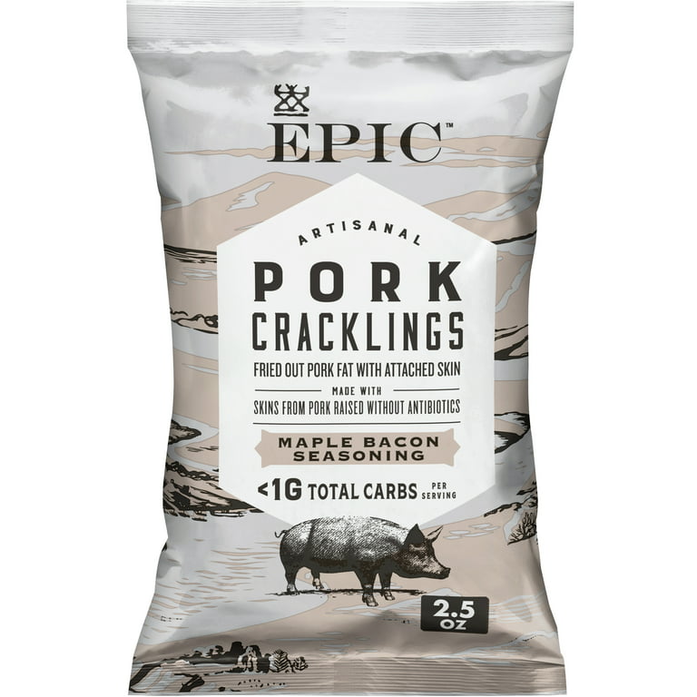 A bag of EPIC artisanal pork cracklings, featuring a design with a pig illustration and text highlighting maple bacon seasoning and low carb content, set against a simple, earthy background.