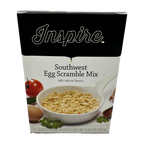 Southwest Egg Scramble Mix by Inspire, featuring a bowl of textured egg mix with visible herbs, tomatoes, and eggs, packaged in a box containing seven 0.92 oz packets, net weight 6.42 oz.