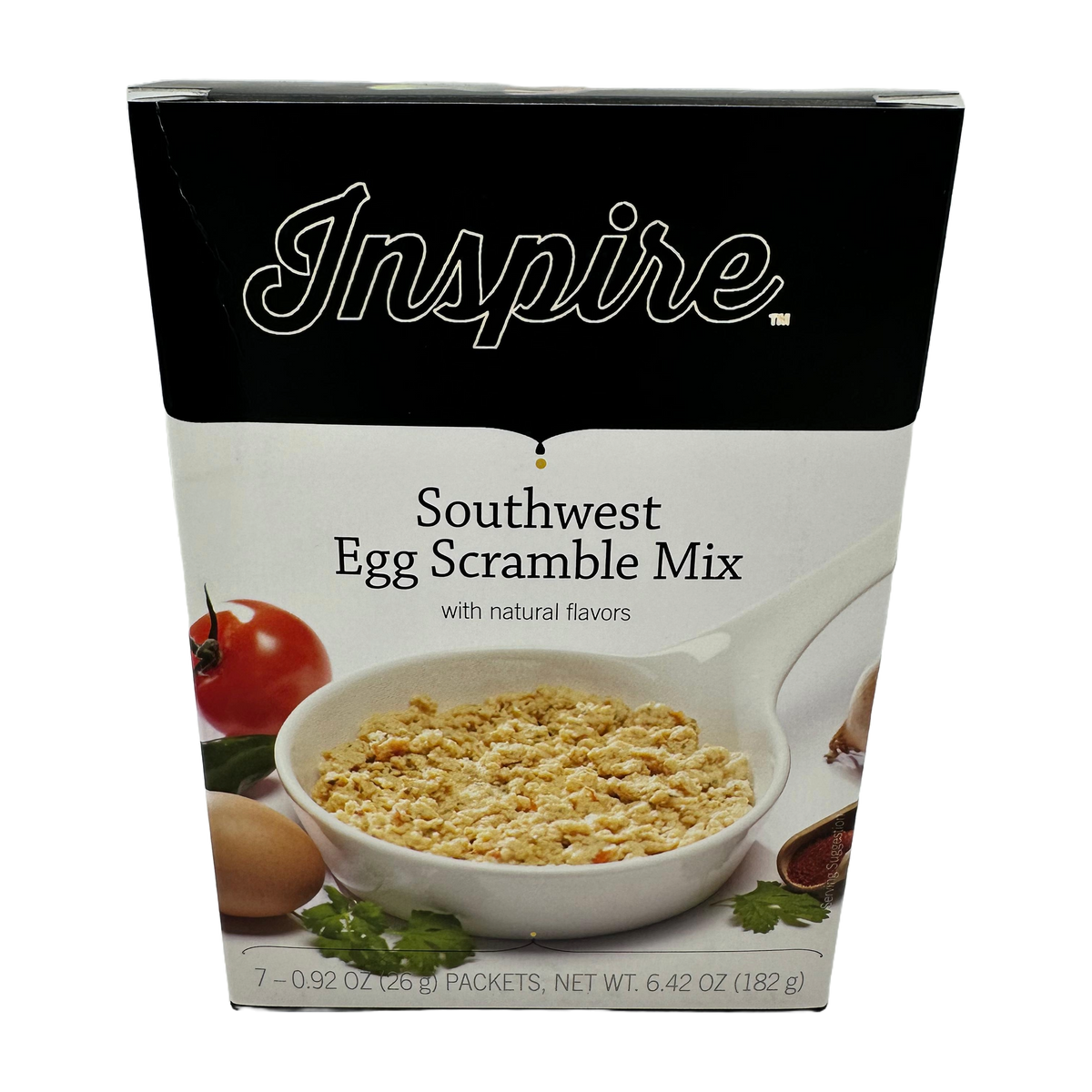 Southwest Egg Scramble Mix by Inspire, featuring a bowl of textured egg mix with visible herbs, tomatoes, and eggs, packaged in a box containing seven 0.92 oz packets, net weight 6.42 oz.