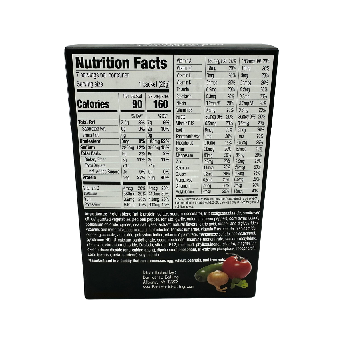 A nutrition facts label displays detailed information about a food product, including serving size, calories, and nutrient content, with ingredients listed at the bottom.