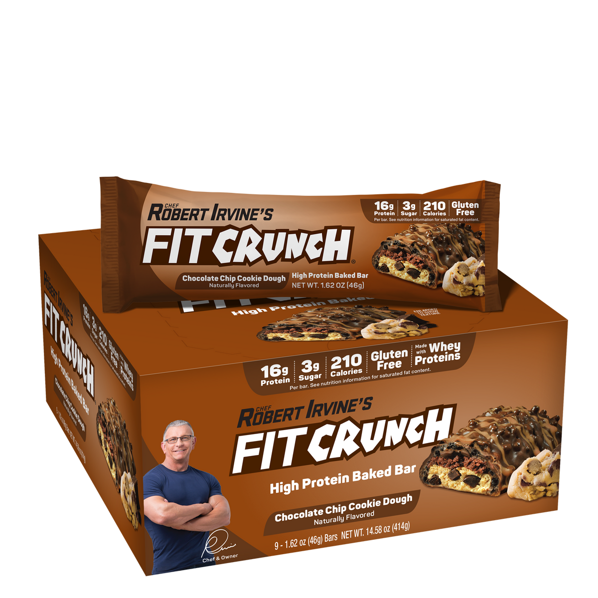 Robert Irvine's Fit Crunch Snack Size Whey Protein Baked Bar - Chocolate Chip Cookie Dough One Box (9 Bars)