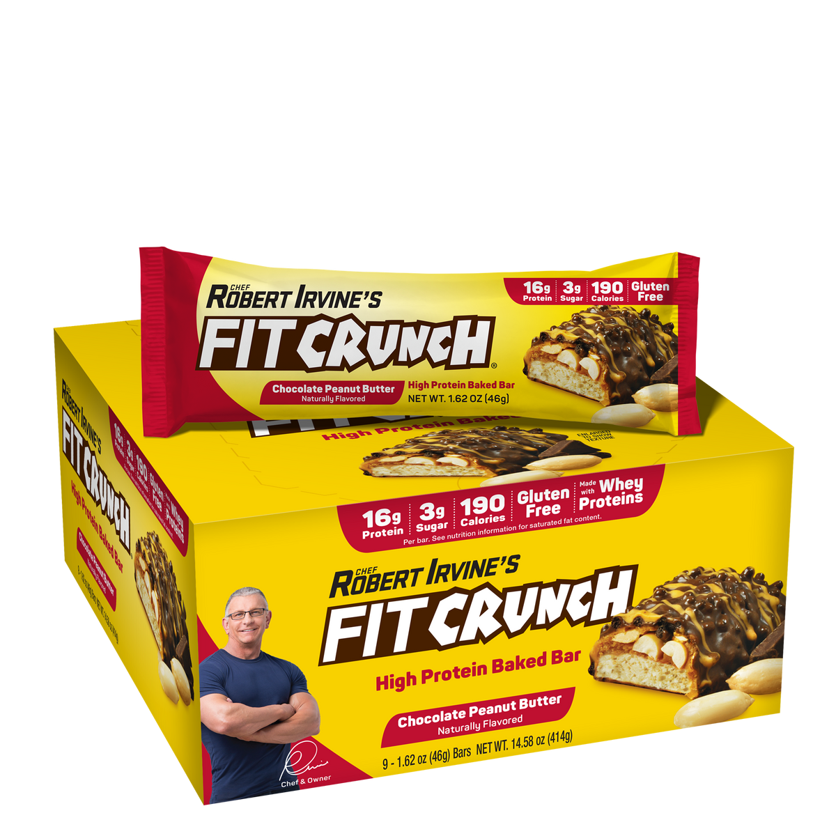 Robert Irvine's Fit Crunch Snack Size Whey Protein Baked Bar - Chocolate Peanut Butter One Box (9 Bars)