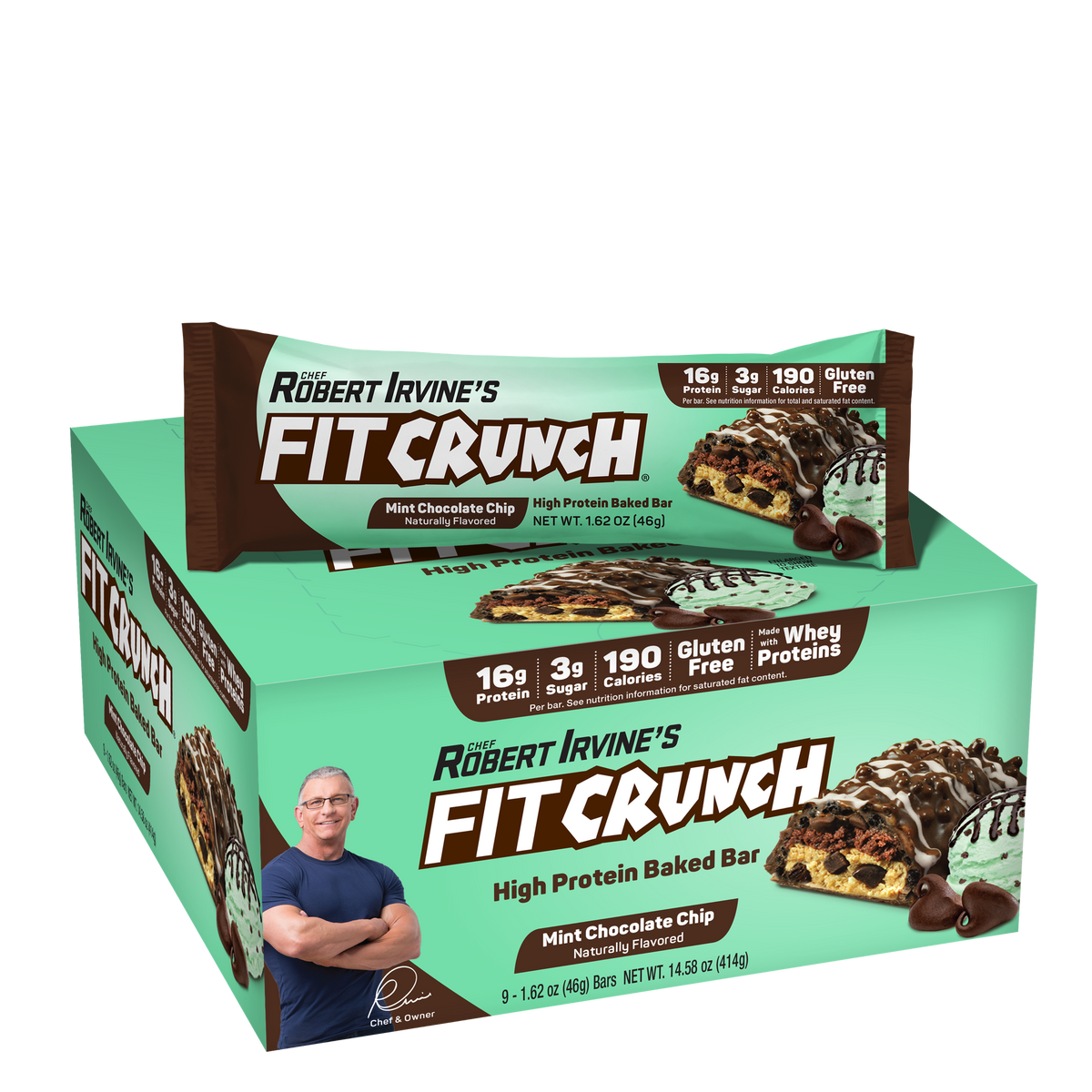 Robert Irvine's Fit Crunch Snack Size Whey Protein Baked Bar - Mint Chocolate Chip One Box (9 Bars)
