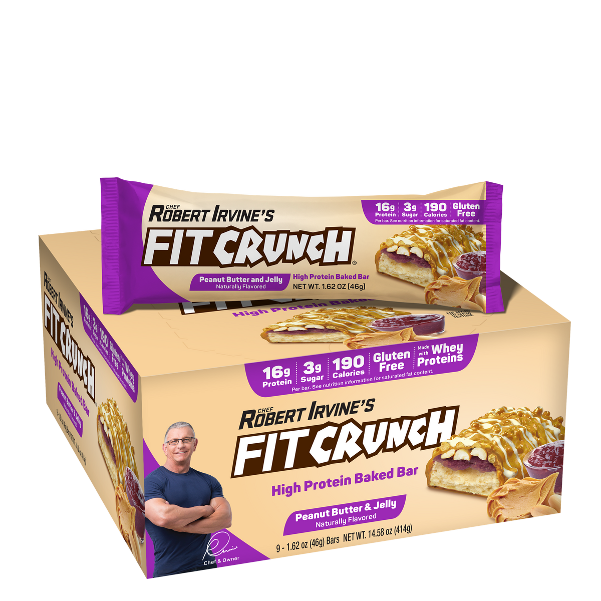 Robert Irvine's Fit Crunch Snack Size Whey Protein Baked Bar - Peanut Butter and Jelly One Box (9 Bars)